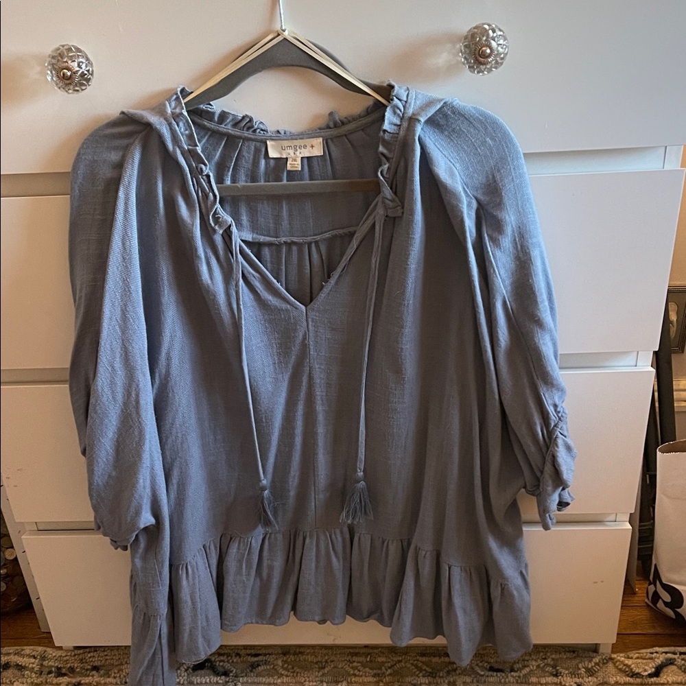 Umgee Dusty Blue Ruffle Blouse